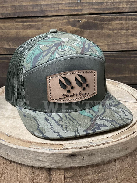 Shoot & Reel SR5-MOF Deer Track Patch Flat Bill Cap Mossy Oak side/ front view. If you need any assistance with this item or the purchase of this item please call us at five six one seven four eight eight eight zero one Monday through Saturday 10:00a.m EST to 8:00 p.m EST