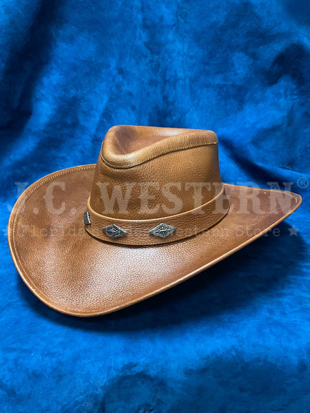 Alamo Hats D7211002 Pinch Front Leather Hat Brown side / front view. If you need any assistance with this item or the purchase of this item please call us at five six one seven four eight eight eight zero one Monday through Saturday 10:00a.m EST to 8:00 p.m EST