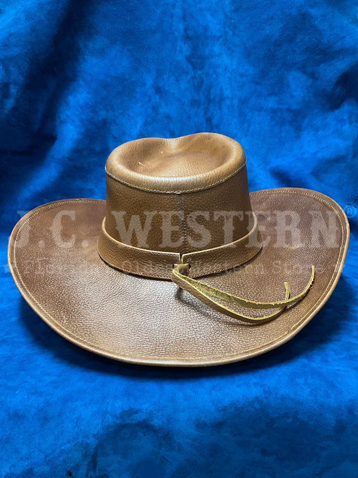 Alamo Hats D7211002 Pinch Front Leather Hat Brown side / front view. If you need any assistance with this item or the purchase of this item please call us at five six one seven four eight eight eight zero one Monday through Saturday 10:00a.m EST to 8:00 p.m EST