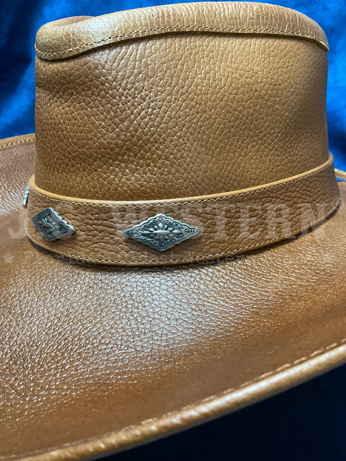 Alamo Hats D7211002 Pinch Front Leather Hat Brown side / front view. If you need any assistance with this item or the purchase of this item please call us at five six one seven four eight eight eight zero one Monday through Saturday 10:00a.m EST to 8:00 p.m EST