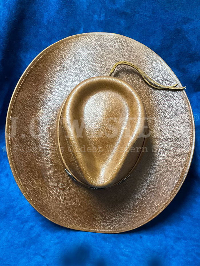 Alamo Hats D7211002 Pinch Front Leather Hat Brown side / front view. If you need any assistance with this item or the purchase of this item please call us at five six one seven four eight eight eight zero one Monday through Saturday 10:00a.m EST to 8:00 p.m EST