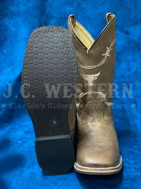 Smoky Mountain 3923 Youth Logan Western Boots Brown Waxed Distress sole and front view. If you need any assistance with this item or the purchase of this item please call us at five six one seven four eight eight eight zero one Monday through Saturday 10:00a.m EST to 8:00 p.m EST