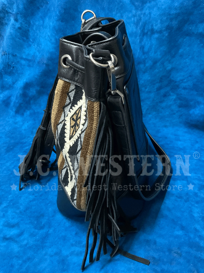 Wrangler WG174-2029BK Womens Southwestern Knitted Drawstring Crossbody Bag Black front view. If you need any assistance with this item or the purchase of this item please call us at five six one seven four eight eight eight zero one Monday through Saturday 10:00a.m EST to 8:00 p.m EST