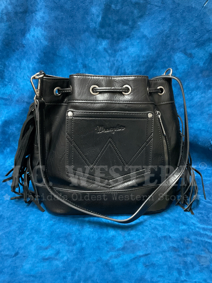 Wrangler WG174-2029BK Womens Southwestern Knitted Drawstring Crossbody Bag Black front view. If you need any assistance with this item or the purchase of this item please call us at five six one seven four eight eight eight zero one Monday through Saturday 10:00a.m EST to 8:00 p.m EST