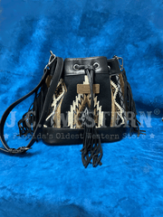 Wrangler WG174-2029BK Womens Southwestern Knitted Drawstring Crossbody Bag Black front view. If you need any assistance with this item or the purchase of this item please call us at five six one seven four eight eight eight zero one Monday through Saturday 10:00a.m EST to 8:00 p.m EST