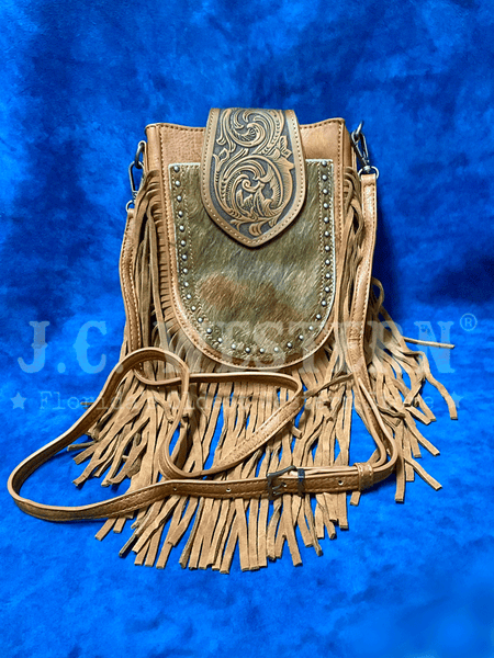 Trinity Ranch TR180-8360BR Womens Genuine Hair On Cowhide Tooled Fringe Crossbody Bag Brown front view. If you need any assistance with this item or the purchase of this item please call us at five six one seven four eight eight eight zero one Monday through Saturday 10:00a.m EST to 8:00 p.m EST

