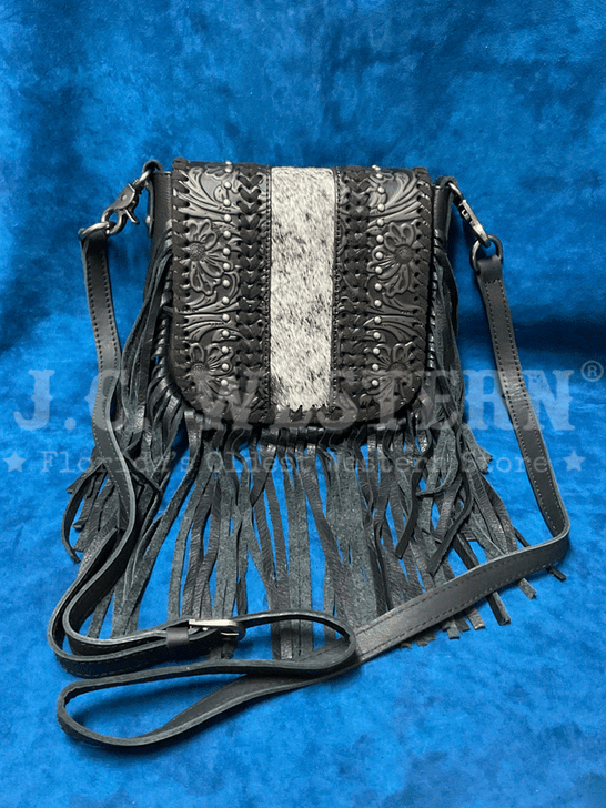 Montana West RLC-L168BK Womens Genuine Leather Tooled Fringe Crossbody Bag Black front view. If you need any assistance with this item or the purchase of this item please call us at five six one seven four eight eight eight zero one Monday through Saturday 10:00a.m EST to 8:00 p.m EST

