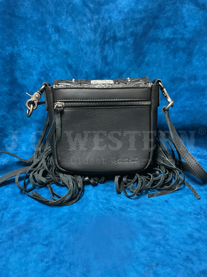 Montana West RLC-L168BK Womens Genuine Leather Tooled Fringe Crossbody Bag Black front view. If you need any assistance with this item or the purchase of this item please call us at five six one seven four eight eight eight zero one Monday through Saturday 10:00a.m EST to 8:00 p.m EST

