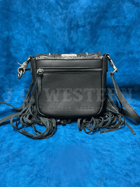 Montana West RLC-L168BK Womens Genuine Leather Tooled Fringe Crossbody Bag Black back view. If you need any assistance with this item or the purchase of this item please call us at five six one seven four eight eight eight zero one Monday through Saturday 10:00a.m EST to 8:00 p.m EST

