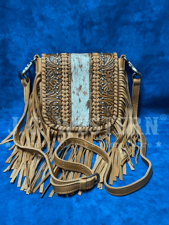 Montana West RLC-L168BR Womens Genuine Leather Tooled Fringe Crossbody Bag Brown front view. If you need any assistance with this item or the purchase of this item please call us at five six one seven four eight eight eight zero one Monday through Saturday 10:00a.m EST to 8:00 p.m EST