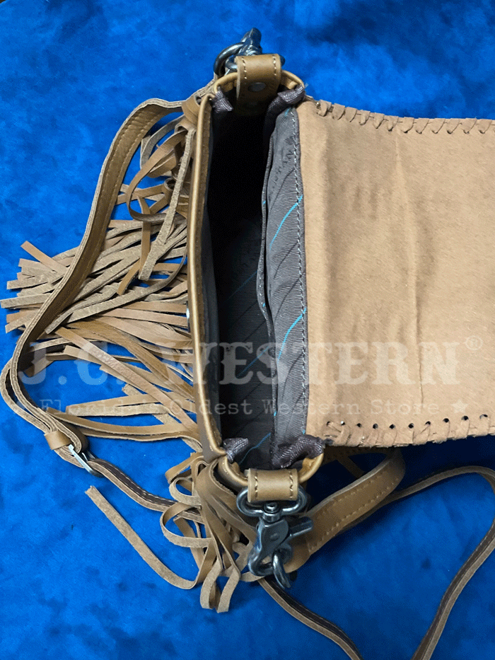 Montana West RLC-L168BR Womens Genuine Leather Tooled Fringe Crossbody Bag Brown front view. If you need any assistance with this item or the purchase of this item please call us at five six one seven four eight eight eight zero one Monday through Saturday 10:00a.m EST to 8:00 p.m EST