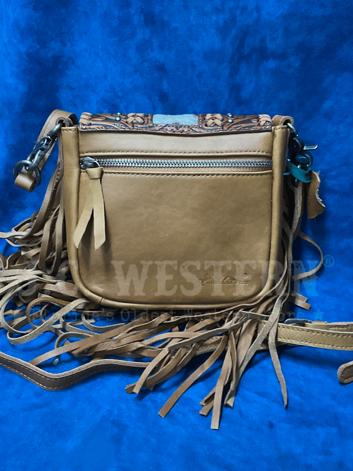 Montana West RLC-L168BR Womens Genuine Leather Tooled Fringe Crossbody Bag Brown front view. If you need any assistance with this item or the purchase of this item please call us at five six one seven four eight eight eight zero one Monday through Saturday 10:00a.m EST to 8:00 p.m EST