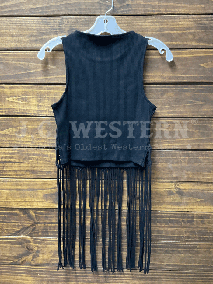 Rock & Roll Denim BW20T05871-BLK Womens Macrame Top With Fringe Black front view. If you need any assistance with this item or the purchase of this item please call us at five six one seven four eight eight eight zero one Monday through Saturday 10:00a.m EST to 8:00 p.m EST