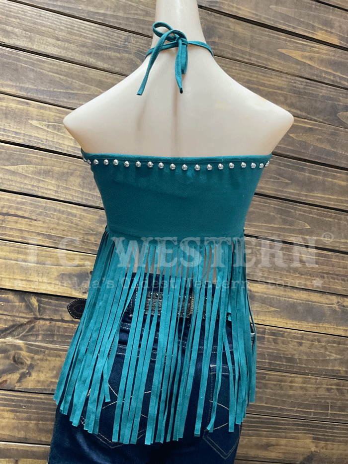 Lucky & Blessed TO844-JDE Womens Suede Halter Fringed Top Jade front and side view. If you need any assistance with this item or the purchase of this item please call us at five six one seven four eight eight eight zero one Monday through Saturday 10:00a.m EST to 8:00 p.m EST