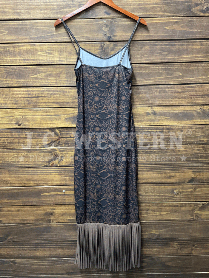 Lucky & Blessed DR039-TOL Womens Tooled Aztec Printed Spaghetti Strap Fringe Maxi Dress Black front view on model. If you need any assistance with this item or the purchase of this item please call us at five six one seven four eight eight eight zero one Monday through Saturday 10:00a.m EST to 8:00 p.m EST