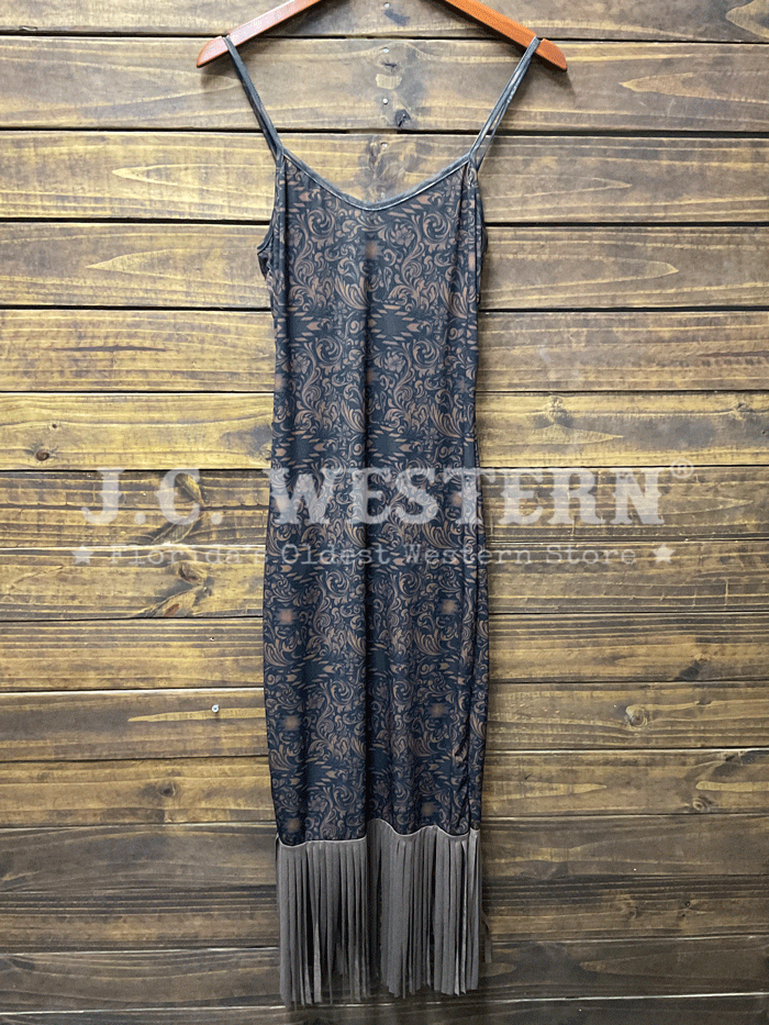 Lucky & Blessed DR039-TOL Womens Tooled Aztec Printed Spaghetti Strap Fringe Maxi Dress Black front view on model. If you need any assistance with this item or the purchase of this item please call us at five six one seven four eight eight eight zero one Monday through Saturday 10:00a.m EST to 8:00 p.m EST