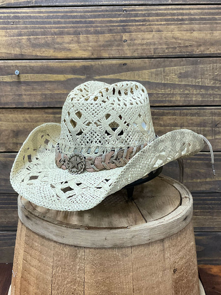 Bullhide NAUGHTY GIRL 2649NAT Western Straw Hat Natural side / front view. If you need any assistance with this item or the purchase of this item please call us at five six one seven four eight eight eight zero one Monday through Saturday 10:00a.m EST to 8:00 p.m EST