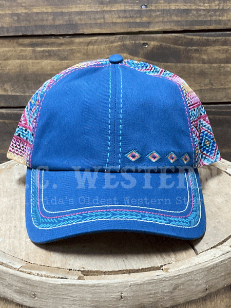 Catchfly 23204HB11 Womens Southwestern Ponytail Ball Cap Blue Multicolor front view. If you need any assistance with this item or the purchase of this item please call us at five six one seven four eight eight eight zero one Monday through Saturday 10:00a.m EST to 8:00 p.m EST