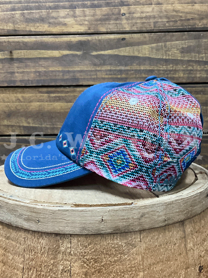 Catchfly 23204HB11 Womens Southwestern Ponytail Ball Cap Blue Multicolor front view. If you need any assistance with this item or the purchase of this item please call us at five six one seven four eight eight eight zero one Monday through Saturday 10:00a.m EST to 8:00 p.m EST