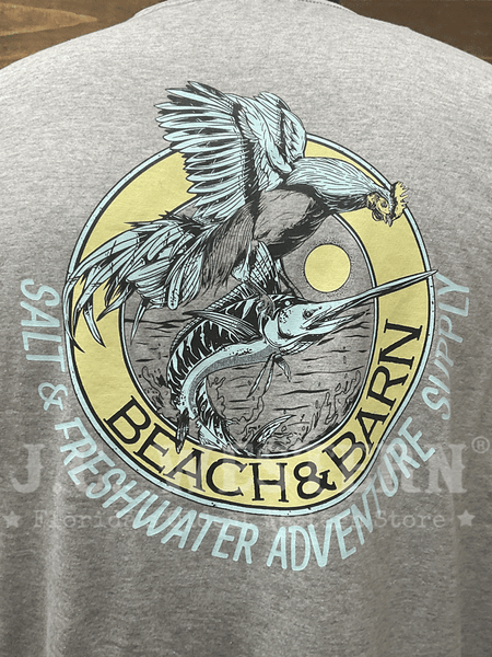 Beach & Barn GENTLEMAN WILL HAVE THE FISH Short Sleeve T-Shirt Silver Grey back graphic close up view. If you need any assistance with this item or the purchase of this item please call us at five six one seven four eight eight eight zero one Monday through Saturday 10:00a.m EST to 8:00 p.m EST