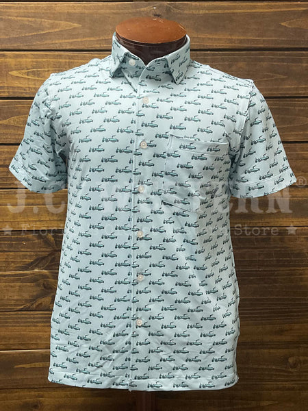 Beach and Barn TRACTOR POOL Short Sleeve Sport Shirt Chambray White Light Blue front view. If you need any assistance with this item or the purchase of this item please call us at five six one seven four eight eight eight zero one Monday through Saturday 10:00a.m EST to 8:00 p.m EST