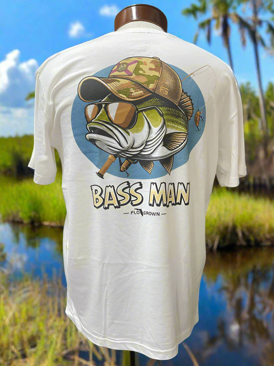 FloGrown FGM-1850 Mens Bass Man Tee White back view. If you need any assistance with this item or the purchase of this item please call us at five six one seven four eight eight eight zero one Monday through Saturday 10:00a.m EST to 8:00 p.m EST