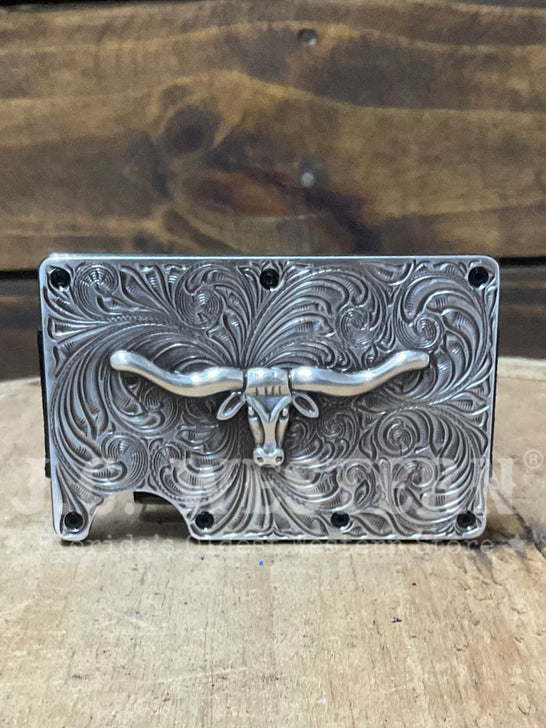 3D D250008765 Mens Long Horn Utility Wallet Black Silver front view. If you need any assistance with this item or the purchase of this item please call us at five six one seven four eight eight eight zero one Monday through Saturday 10:00a.m EST to 8:00 p.m EST