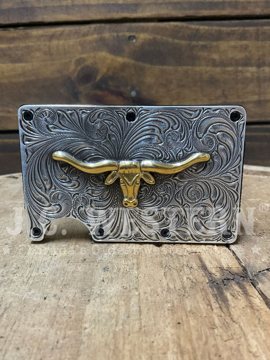 3D D250008836 Mens Long Horn Utility Wallet Silver Gold front view. If you need any assistance with this item or the purchase of this item please call us at five six one seven four eight eight eight zero one Monday through Saturday 10:00a.m EST to 8:00 p.m EST