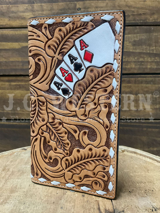 3D D250010448 Mens Hand Painted Ace Cards Rodeo Wallet Natural front view. If you need any assistance with this item or the purchase of this item please call us at five six one seven four eight eight eight zero one Monday through Saturday 10:00a.m EST to 8:00 p.m EST