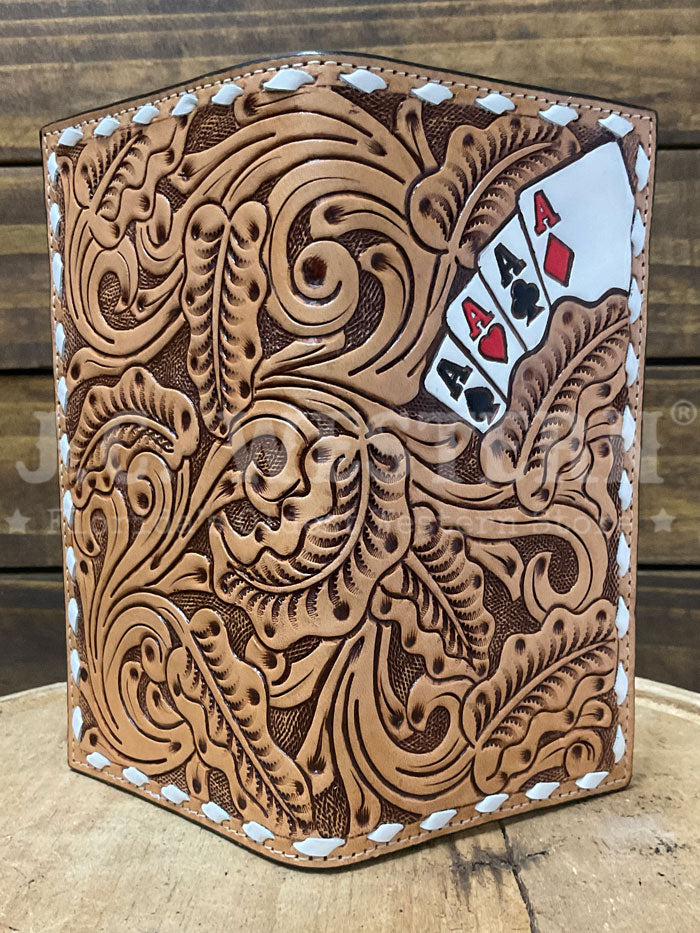 3D D250010448 Mens Hand Painted Ace Cards Rodeo Wallet Natural front view. If you need any assistance with this item or the purchase of this item please call us at five six one seven four eight eight eight zero one Monday through Saturday 10:00a.m EST to 8:00 p.m EST