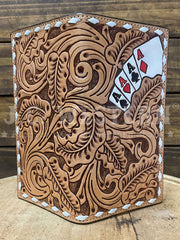 3D D250010448 Mens Hand Painted Ace Cards Rodeo Wallet Natural outside open view. If you need any assistance with this item or the purchase of this item please call us at five six one seven four eight eight eight zero one Monday through Saturday 10:00a.m EST to 8:00 p.m EST