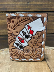 3D D250010648 Mens Hand Painted Ace Cards Trifold Wallet Natural front view. If you need any assistance with this item or the purchase of this item please call us at five six one seven four eight eight eight zero one Monday through Saturday 10:00a.m EST to 8:00 p.m EST