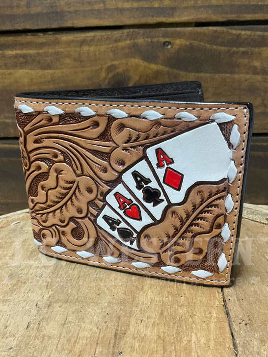 3D D250010548 Mens Hand Painted Ace Cards Bifold Wallet Natural front view. If you need any assistance with this item or the purchase of this item please call us at five six one seven four eight eight eight zero one Monday through Saturday 10:00a.m EST to 8:00 p.m EST