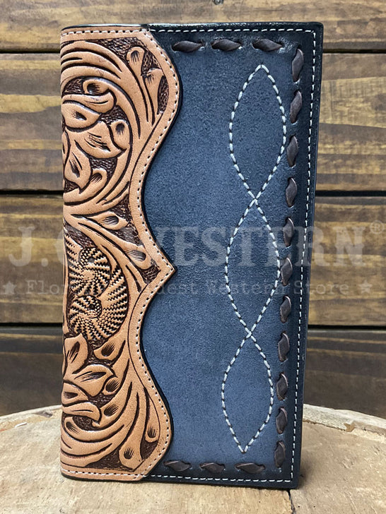 3D D2500123107 Mens Hand Tooled Floral Buck Lace Rodeo Wallet Grey Tan front view. If you need any assistance with this item or the purchase of this item please call us at five six one seven four eight eight eight zero one Monday through Saturday 10:00a.m EST to 8:00 p.m EST