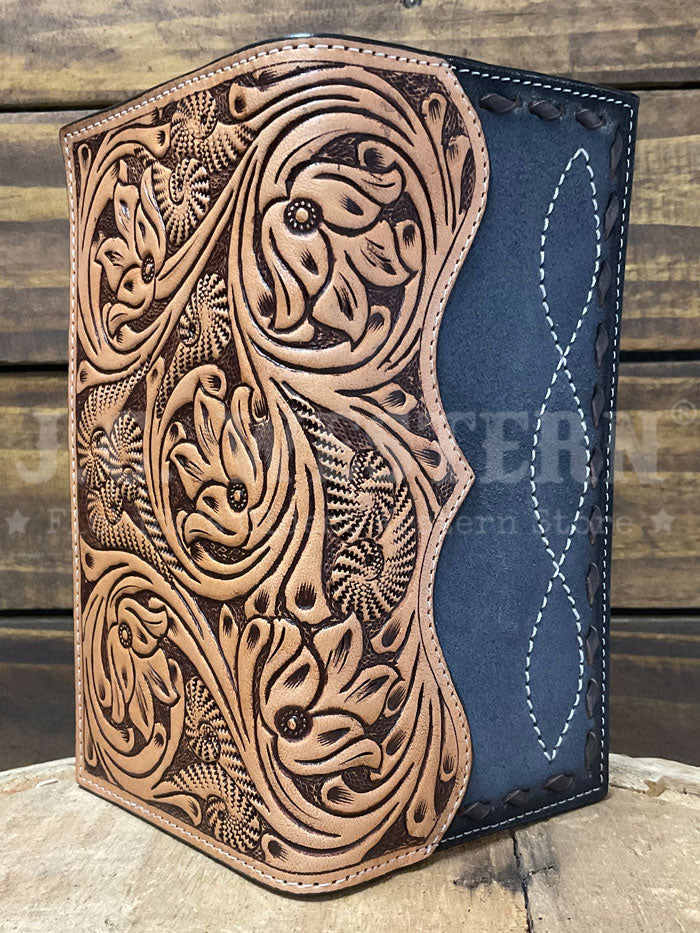 3D D2500123107 Mens Hand Tooled Floral Buck Lace Rodeo Wallet Grey Tan front view. If you need any assistance with this item or the purchase of this item please call us at five six one seven four eight eight eight zero one Monday through Saturday 10:00a.m EST to 8:00 p.m EST