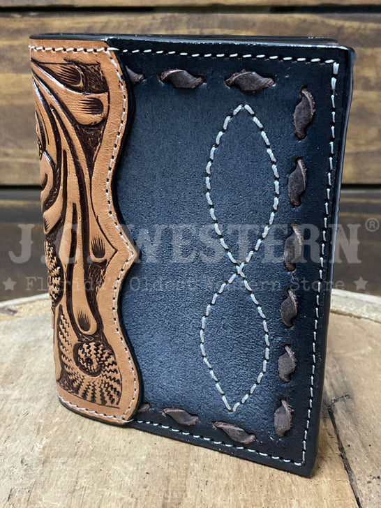 3D D2500125107 Mens Hand Tooled Floral Buck Lace Trifold Wallet Grey Tan front view. If you need any assistance with this item or the purchase of this item please call us at five six one seven four eight eight eight zero one Monday through Saturday 10:00a.m EST to 8:00 p.m EST