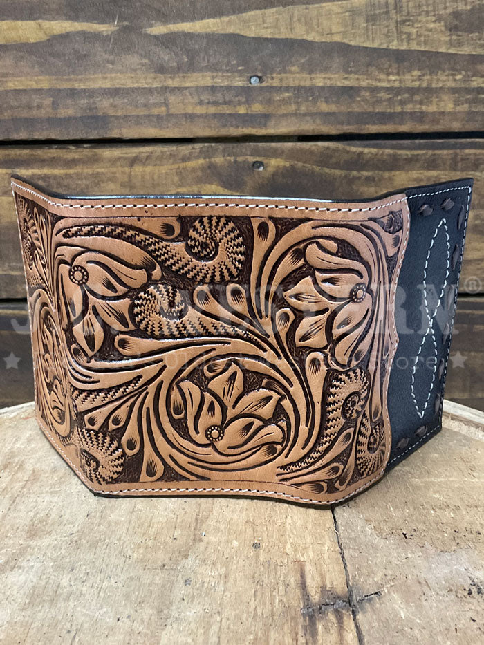 3D D2500125107 Mens Hand Tooled Floral Buck Lace Trifold Wallet Grey Tan front view. If you need any assistance with this item or the purchase of this item please call us at five six one seven four eight eight eight zero one Monday through Saturday 10:00a.m EST to 8:00 p.m EST