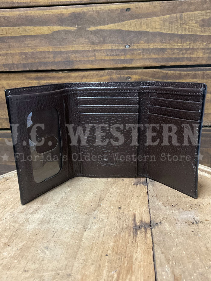 3D D2500125107 Mens Hand Tooled Floral Buck Lace Trifold Wallet Grey Tan front view. If you need any assistance with this item or the purchase of this item please call us at five six one seven four eight eight eight zero one Monday through Saturday 10:00a.m EST to 8:00 p.m EST