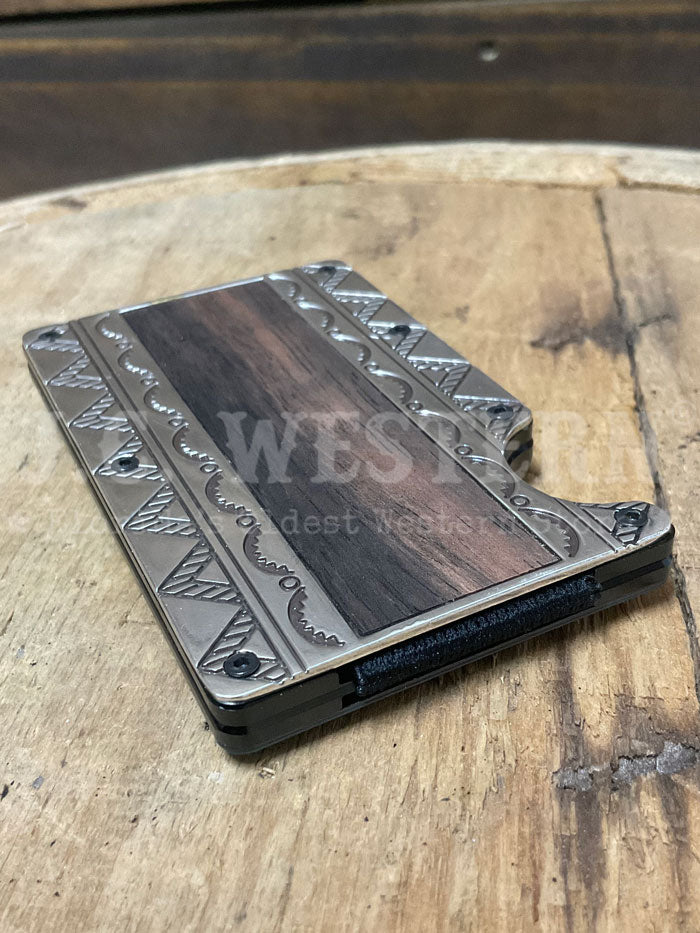 3D D250016202 Mens Wood Inlay Smart Wallet Brown Silver front view. If you need any assistance with this item or the purchase of this item please call us at five six one seven four eight eight eight zero one Monday through Saturday 10:00a.m EST to 8:00 p.m EST