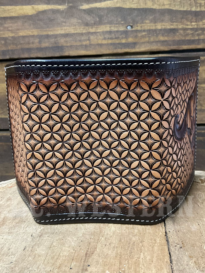 3D D250015402 Mens Hand Tooled Stained Edge Cow Skull Trifold Wallet Brown Tan front view. If you need any assistance with this item or the purchase of this item please call us at five six one seven four eight eight eight zero one Monday through Saturday 10:00a.m EST to 8:00 p.m EST