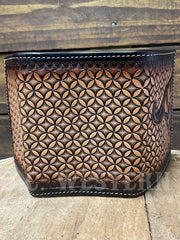 3D D250015402 Mens Hand Tooled Stained Edge Cow Skull Trifold Wallet Brown Tan outside view. If you need any assistance with this item or the purchase of this item please call us at five six one seven four eight eight eight zero one Monday through Saturday 10:00a.m EST to 8:00 p.m EST