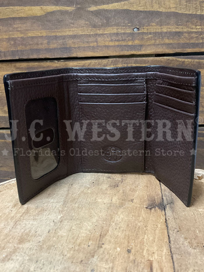 3D D250015402 Mens Hand Tooled Stained Edge Cow Skull Trifold Wallet Brown Tan front view. If you need any assistance with this item or the purchase of this item please call us at five six one seven four eight eight eight zero one Monday through Saturday 10:00a.m EST to 8:00 p.m EST