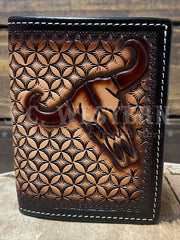 3D D250015402 Mens Hand Tooled Stained Edge Cow Skull Trifold Wallet Brown Tan front view. If you need any assistance with this item or the purchase of this item please call us at five six one seven four eight eight eight zero one Monday through Saturday 10:00a.m EST to 8:00 p.m EST