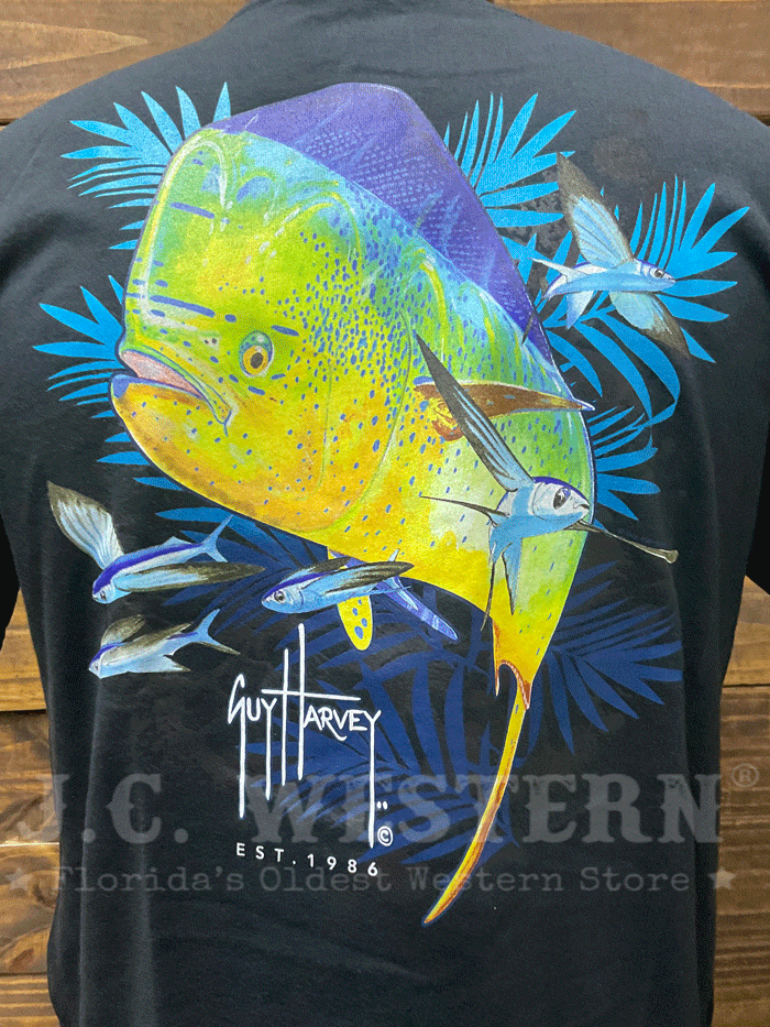 Guy Harvey GHV56000-BLK Mens Mahi Palms Short Sleeve T-Shirt Black back view. If you need any assistance with this item or the purchase of this item please call us at five six one seven four eight eight eight zero one Monday through Saturday 10:00a.m EST to 8:00 p.m EST