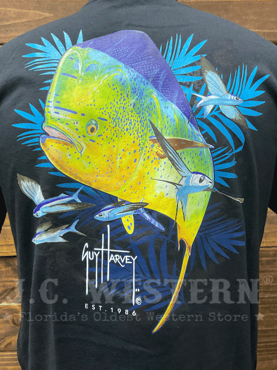 Guy Harvey GHV56000-BLK Mens Mahi Palms Short Sleeve T-Shirt Black back close up. If you need any assistance with this item or the purchase of this item please call us at five six one seven four eight eight eight zero one Monday through Saturday 10:00a.m EST to 8:00 p.m EST