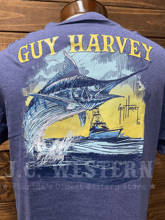 Guy Harvey GHV55727-NVH Mens Sketchy Blue Short Sleeve T-Shirt Navy Heather back close up.If you need any assistance with this item or the purchase of this item please call us at five six one seven four eight eight eight zero one Monday through Saturday 10:00a.m EST to 8:00 p.m EST

