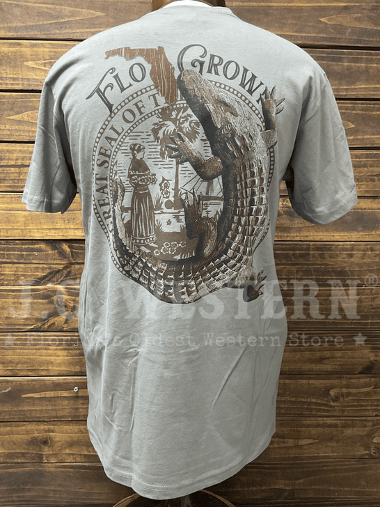 FloGrown FGM-1895 Mens Wood Gator Tee Grey back view. If you need any assistance with this item or the purchase of this item please call us at five six one seven four eight eight eight zero one Monday through Saturday 10:00a.m EST to 8:00 p.m EST