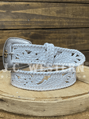 Stetson 9412790 Womens Tooled Leather Belt White front view. If you need any assistance with this item or the purchase of this item please call us at five six one seven four eight eight eight zero one Monday through Saturday 10:00a.m EST to 8:00 p.m EST