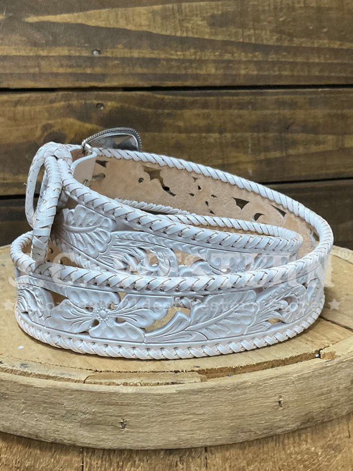 Stetson 9412790 Womens Tooled Leather Belt White front view. If you need any assistance with this item or the purchase of this item please call us at five six one seven four eight eight eight zero one Monday through Saturday 10:00a.m EST to 8:00 p.m EST