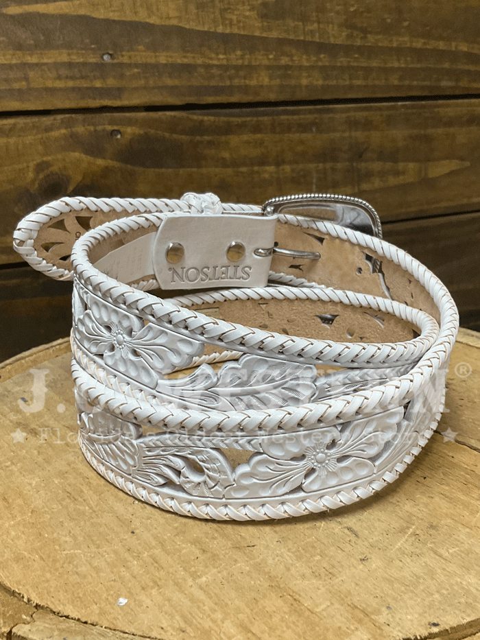 Stetson 9412790 Womens Tooled Leather Belt White front view. If you need any assistance with this item or the purchase of this item please call us at five six one seven four eight eight eight zero one Monday through Saturday 10:00a.m EST to 8:00 p.m EST